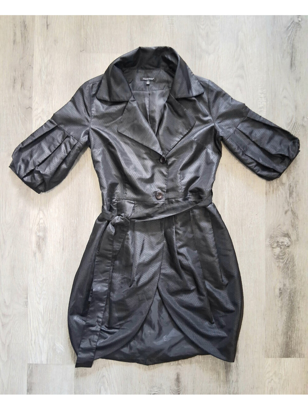 Samuel Dong Size S Black Dotted Puff Sleeve Tulip Bubble Hem Trench Coat Dress